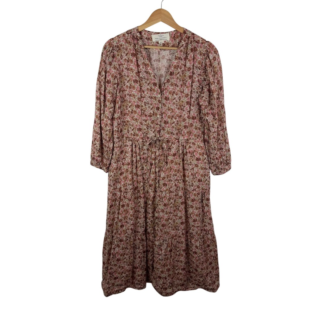 Trovata Birds of Paradise Pink Floral Ramie Cotton Tiered Midi Dress Small Boho